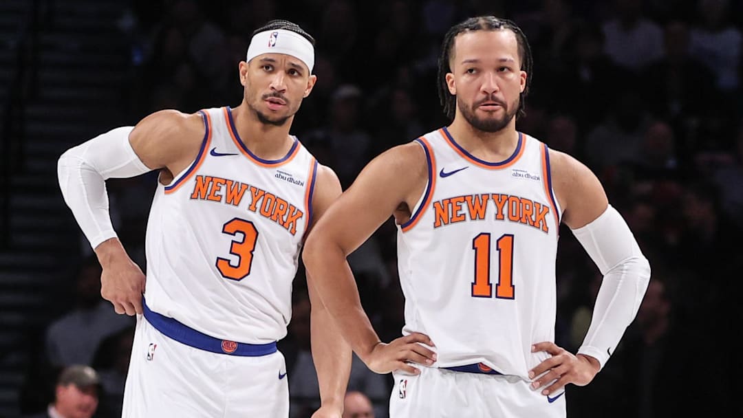 Jan 21, 2025; Brooklyn, New York, USA;  New York Knicks guards Josh Hart (3) and Jalen Brunson (11) at Barclays Center. Mandatory Credit: Wendell Cruz-Imagn Images
