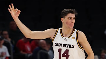 Dec 6, 2025; Phoenix, Arizona, USA; Arizona State Sun Devils forward Andrija Grbovic (14) celebrates a three point basket against the Oklahoma Sooners in the first half at PHX Arena. Mandatory Credit: Anna Carrington-Imagn Images