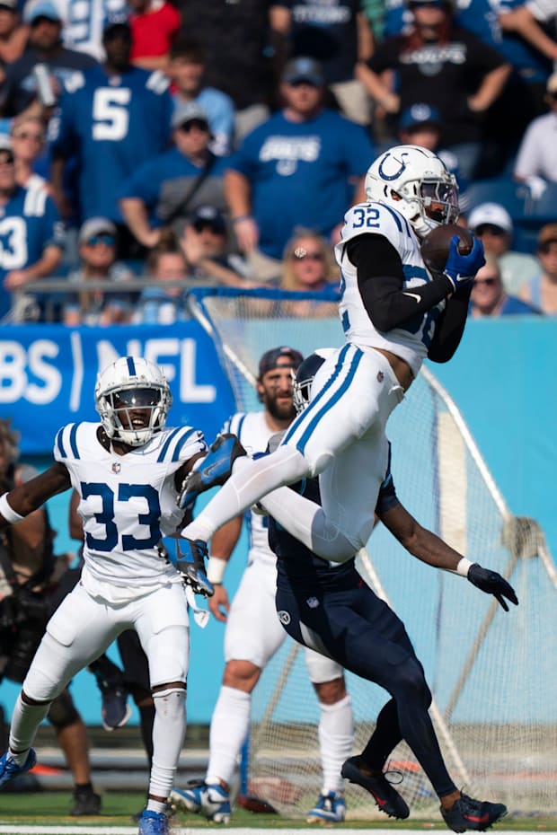 Indianapolis Colts safety Julian Blackmon intercepts a pass intended for Tennessee Titans wide receiver Calvin Ridley