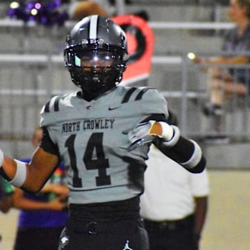 Jonathan Cunningham, North Crowley linebacker, lines up during the 2023 Texas high school football season.