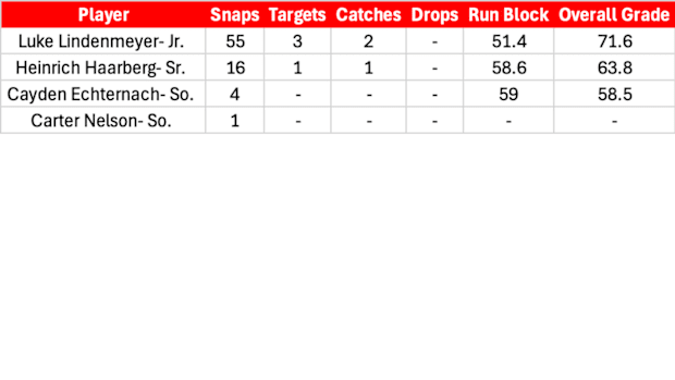 Tight End/Fullback PFF Grades, Snap Counts Against Maryland. 