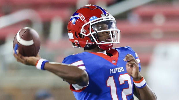 Keelon Russell throws a pass during a win over South Oak Cliff to open the 2023 Texas high school football season. 