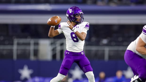 Anna QB Ziondre Williams attempts a pass against Tyler Chapel Hill in the 4A Division I state championship in 2023.