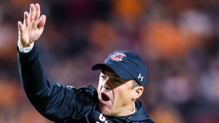 Nov 19, 2022; Columbia, South Carolina, USA; South Carolina Gamecocks head coach Shane Beamer signals first down against the Tennessee Volunteers in the second half at Williams-Brice Stadium. Mandatory Credit: Jeff Blake-USA TODAY Sports