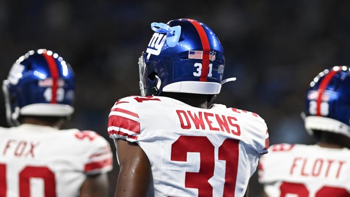 Aug 11, 2023; Detroit, Michigan, USA; New York Giants safety Gervarrius Owens (31) somehow got a mouth guard stuck into one of the ventilation holes in his helmet during their game against the Detroit Lions in the second quarter at Ford Field.  
