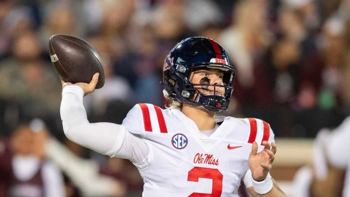 Ole Miss QB Jaxson Dart (2) throws against Mississippi State during the first half of the Egg Bowl at Davis Wade Stadium in Starkville, Miss., Thursday, Nov. 23, 2023.