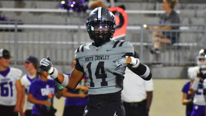 Jonathan Cunningham, North Crowley linebacker, lines up during the 2023 Texas high school football season.