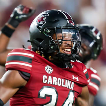 Aug 31, 2024; Columbia, South Carolina, USA; South Carolina Gamecocks defensive back Jalon Kilgore (24) celebrates after a fumble recovery against the Old Dominion Monarchs in the second half at Williams-Brice Stadium. Mandatory Credit: Jeff Blake-Imagn Images