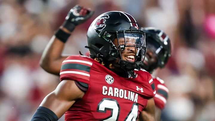 Aug 31, 2024; Columbia, South Carolina, USA; South Carolina Gamecocks defensive back Jalon Kilgore (24) celebrates after a fumble recovery against the Old Dominion Monarchs in the second half at Williams-Brice Stadium. Mandatory Credit: Jeff Blake-Imagn Images