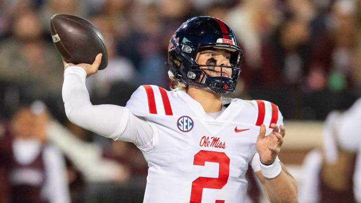 Ole Miss QB Jaxson Dart (2) throws against Mississippi State during the first half of the Egg Bowl at Davis Wade Stadium in Starkville, Miss., Thursday, Nov. 23, 2023.