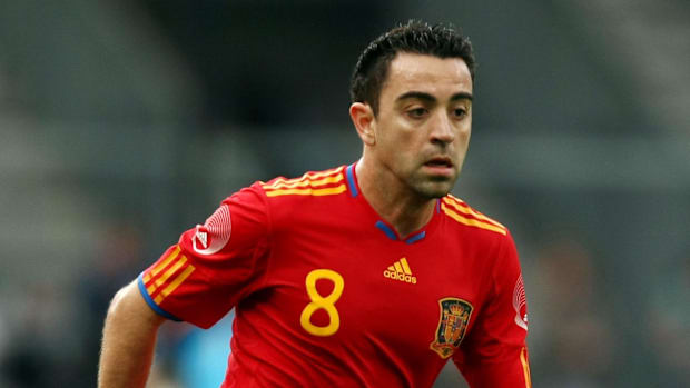 Xavi Hernandez of Spain with the ball during their international friendly match with Saudi Arabia. 