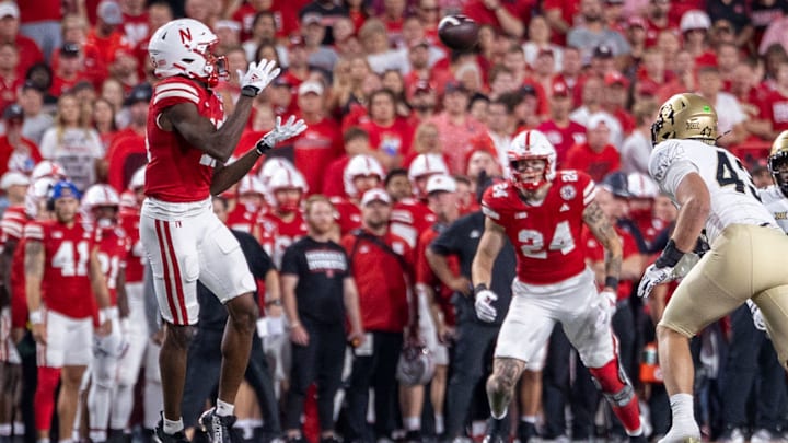 Nebraska wide receiver Isaiah Neyor catches a 16-yard pass from quarterback Dylan Raiola against Colorado.