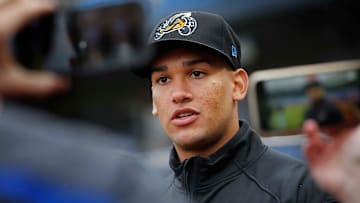 Daniel Espino, Cleveland Guardians top pitching prospect, speaks to the media during the Akron RubberDucks Media Day at Canal Park in Akron.

Akr 45 Ducks01