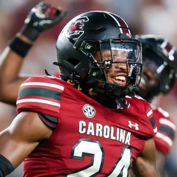 Aug 31, 2024; Columbia, South Carolina, USA; South Carolina Gamecocks defensive back Jalon Kilgore (24) celebrates after a fumble recovery against the Old Dominion Monarchs in the second half at Williams-Brice Stadium. Mandatory Credit: Jeff Blake-USA TODAY Sports