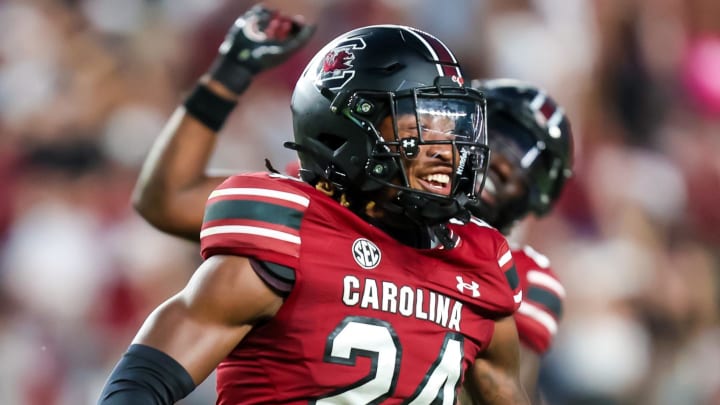 Aug 31, 2024; Columbia, South Carolina, USA; South Carolina Gamecocks defensive back Jalon Kilgore (24) celebrates after a fumble recovery against the Old Dominion Monarchs in the second half at Williams-Brice Stadium. Mandatory Credit: Jeff Blake-USA TODAY Sports