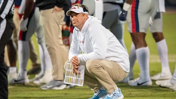 Ole Miss coach Lane Kiffin looks up at the scoreboard during a time out in second half of the Egg Bowl at Davis Wade Stadium in Starkville, Miss., Thursday, Nov. 23, 2023.