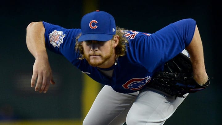 Jul 16, 2021; Phoenix, Arizona, USA; Chicago Cubs relief pitcher Craig Kimbrel (46) pitches against the Arizona Diamondbacks during the ninth inning at Chase Field