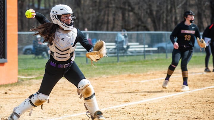 Warwick's Eva Garofalo throws to first base during the Section 9 girls softball game at Marlboro High School in Marlboro, NY on Tuesday, March 26, 2024. Marlboro defeated Warwick 5-0. KELLY MARSH/FOR THE TIMES HERALD-RECORD