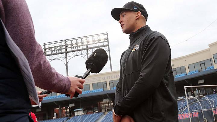 Daniel Espino, Cleveland Guardians top pitching prospect, speaks to the media during the Akron RubberDucks Media Day at Canal Park in Akron.