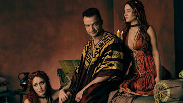 Spartacus: House of Ashur - Left to Right: Jamaica Vaughan (“Hilara”), Nick E. Tarabay (“Ashur”) and Ivana Baquero (“Messia”)