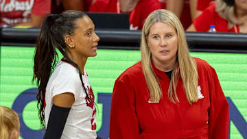 Nebraska outside hitter Harper Murray confers with Head Coach Dani Busboom Kelly after a call during the Red-White Scrimmage on Saturday.