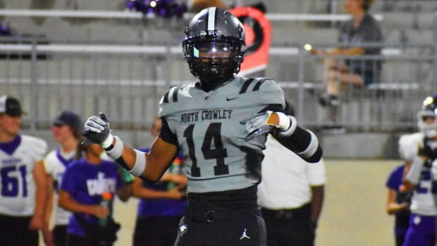 Jonathan Cunningham, North Crowley linebacker, lines up during the 2023 Texas high school football season.