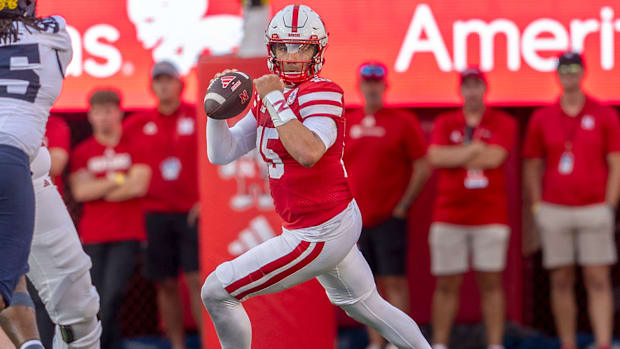 Nebraska quarterback Dylan Raiola looks for an open receiver against Michigan.