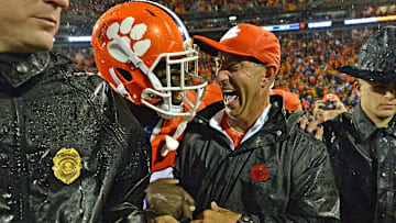 Clemson head coach Dabo Swinney celebrates with defensive tackle Kevin Dodd (98) after the Tigers 24-22 win over Notre Dame Saturday, October 3, 2015 at Clemson's Memorial Stadium. 

Football 2015 Clemson Notre Dame