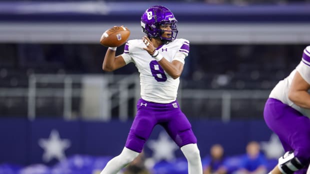 Anna QB Ziondre Williams attempts a pass against Tyler Chapel Hill in the 4A Division I state championship in 2023.