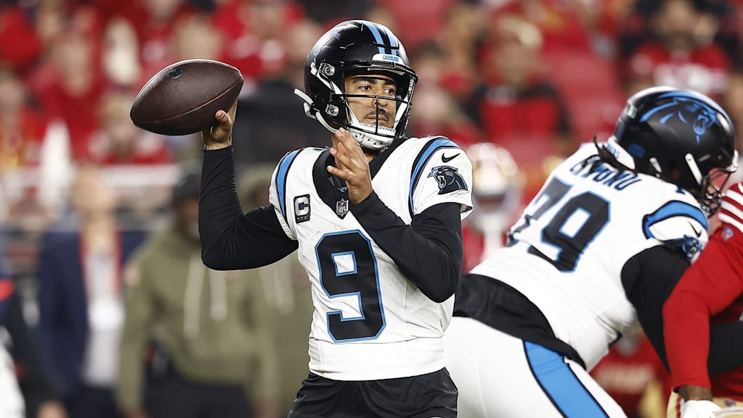 Nov 24, 2025; Santa Clara, California, USA; Carolina Panthers quarterback Bryce Young (9) drops back to pass against the San Francisco 49ers during the first half at Levi's Stadium. 
