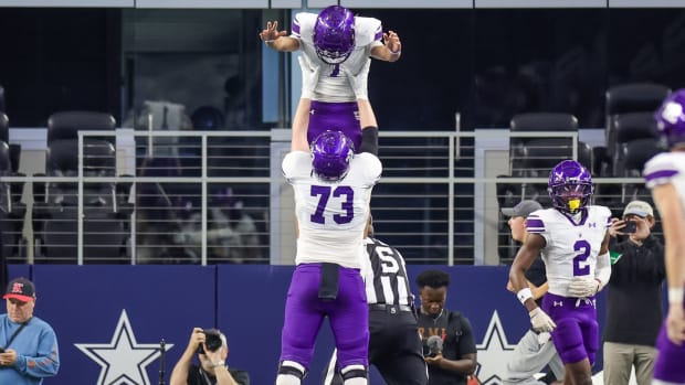 Anna players celebrate a touchdown against Tyler Chapel Hill in the 2024 UIL 4A Division I state championship.