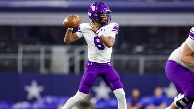 Anna QB Ziondre Williams attempts a pass against Tyler Chapel Hill in the 4A Division I state championship in 2023.