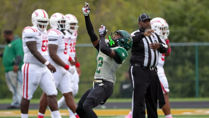 A DeSoto player reacts to a momentous upset of undefeated Duncanville in a rivalry in 2023.