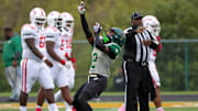 A DeSoto player reacts to a momentous upset of undefeated Duncanville in a rivalry in 2023.