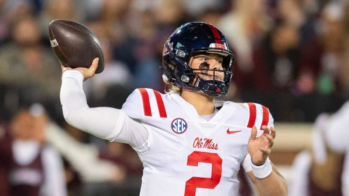 Ole Miss QB Jaxson Dart (2) throws against Mississippi State during the first half of the Egg Bowl at Davis Wade Stadium in Starkville, Miss., Thursday, Nov. 23, 2023.