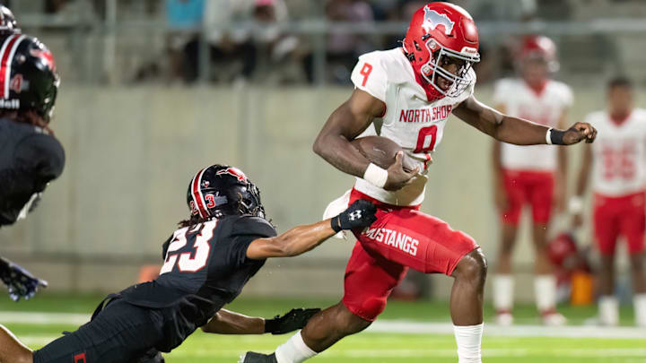 North Shore's Kaleb Bailey races past a Westfield defender in a win during the 2023 Texas high school football season.