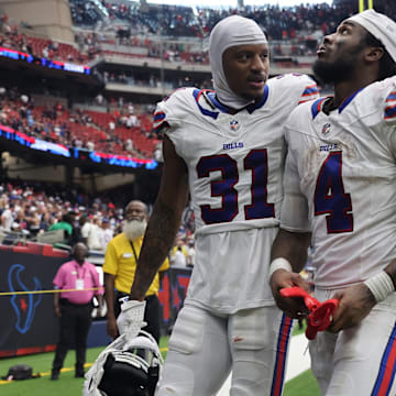 Oct 6, 2024; Houston, Texas, USA; Buffalo Bills cornerback Rasul Douglas (31) and running back James Cook (4) walk to the tunnel after loosing to the Houston Texans at NRG Stadium.