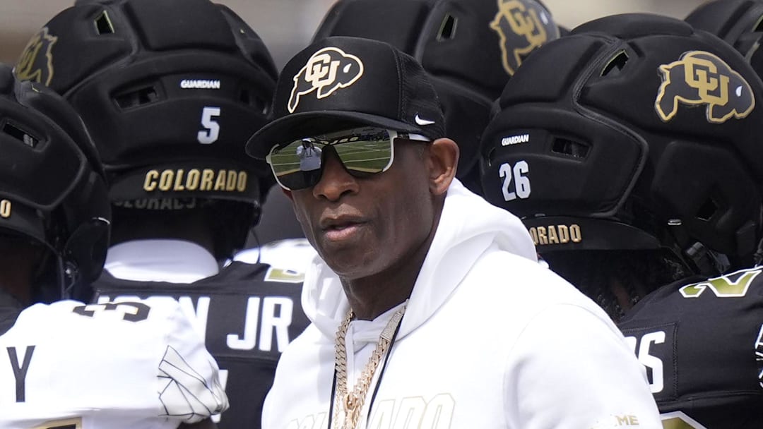 Apr 11, 2026; Boulder, CO, USA; Colorado Buffaloes head coach Deion Sanders before the start of the spring game at Folsom Field. Mandatory Credit: Ron Chenoy-Imagn Images