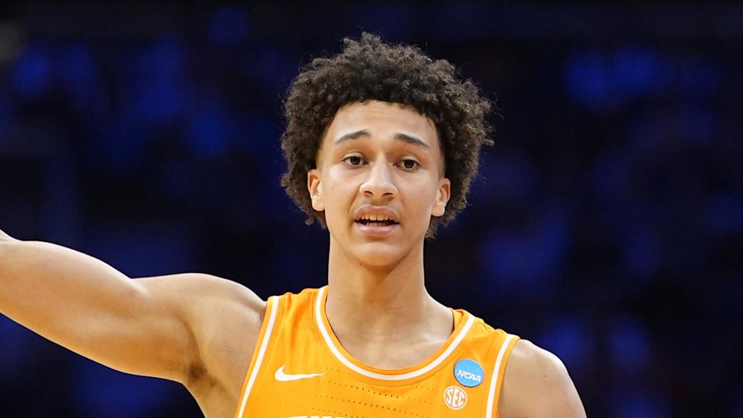 Mar 22, 2026; Philadelphia, PA, USA; Tennessee Volunteers forward Nate Ament (10) reacts against the Virginia Cavaliers in the second half during a second round game of the men's 2026 NCAA Tournament at Xfinity Mobile Arena. Mandatory Credit: Kyle Ross-Imagn Images