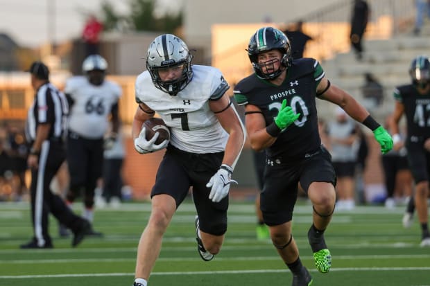 Denton Guyer's Jackson Shockley gains ground against Prosper in a Texas high school football showdown in 2023.