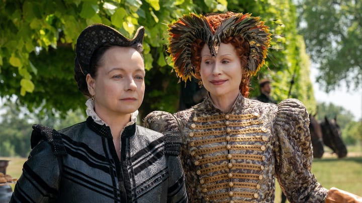 Samantha Morton as Catherine de Medici and Minnie Driver as Queen Elizabeth I in The Serpent Queen season 2 on Starz