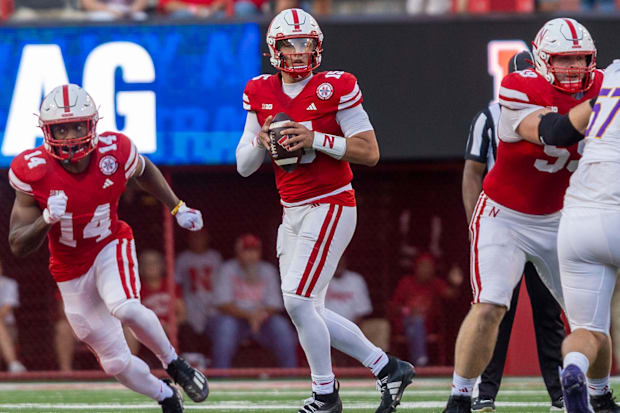 Nebraska quarterback Dylan Raiola sets back to pass against Northern Iowa.