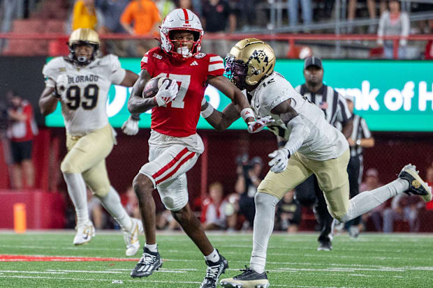 Nebraska wide receiver Jacory Barney Jr. gained nine yards on this play against Colorado, but it was wiped out by a penalty.