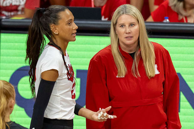 Nebraska outside hitter Harper Murray confers with Head Coach Dani Busboom Kelly after a call during the Red-White Scrimmage.