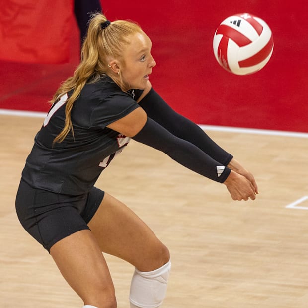 Nebraska DS/Libero Olivia Mauch receives a serve during the Red-White Scrimmage on Saturday.