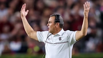Sep 13, 2025; Columbia, South Carolina, USA; South Carolina Gamecocks head coach Shane Beamer reacts to a call against the Vanderbilt Commodores in the second quarter at Williams-Brice Stadium. Mandatory Credit: Jeff Blake-Imagn Images