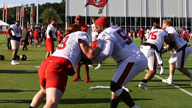 Tampa Bay Buccaneers guard Cody Mauch (69) and guard Chris Murray (56) during training camp. 