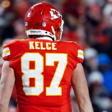 Jan 26, 2025; Kansas City, MO, USA; Detailed view of the jersey of Kansas City Chiefs tight end Travis Kelce (87) against the Buffalo Bills during the AFC Championship game at GEHA Field at Arrowhead Stadium. Mandatory Credit: Mark J. Rebilas-Imagn Images