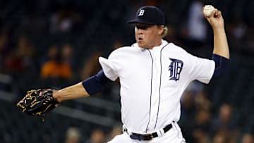 Former Detroit Tigers relief pitcher Joe Mantiply (46) pitches in the ninth inning against the Minnesota Twins at Comerica Park.