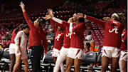 The Alabama Women's Basketball Team celebrates against Clemson at Coleman Coliseum in Tuscaloosa, AL on Thursday, Dec 4, 2025.